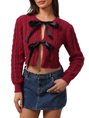 Image of MakeMeChic Women's Bow Knot Cardigan Sweater Cable Knit Tie Front Crop Tops