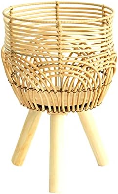 Rattan Woven Indoor Plant Stand Round Floor Rattan Plant Stand Holder Bamboo Woven Plant Pot on Wooden Standing Legs for Living Room Balcony Decor