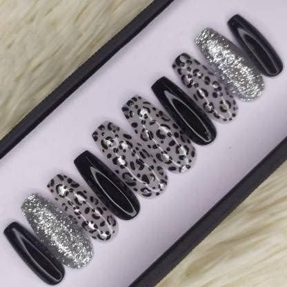 HAPPY FINGERS Fake Nails – 12-Piece Pack of Handmade Long Coffin Shape Artificial Nails for Girls | Pre-Designed Reusable Press-On Nail Tips | Decorative Colored Nails(Black Leopard Print)-image-35