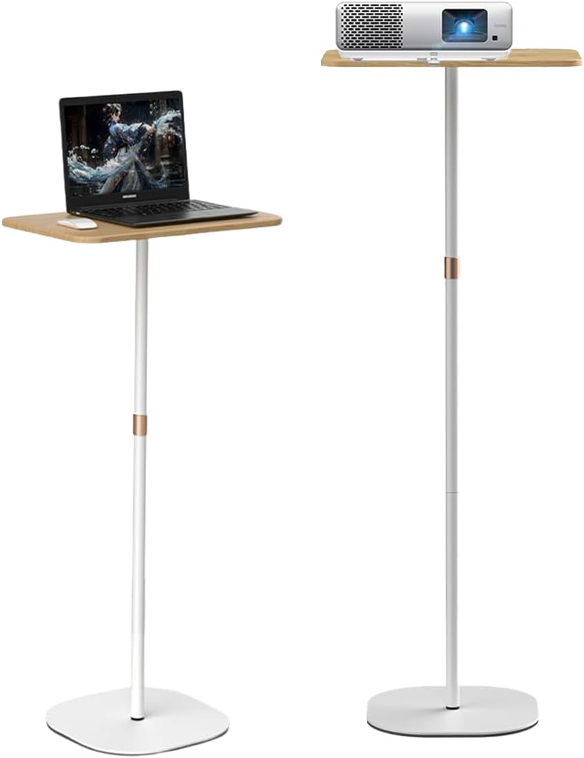 Small Laptop Standing Desk, Adjustable Height Pedestal Side Table with Wooden Top, Portable Tall End Table Workstation, Stand-Up Desk for Bedside, Couch, Sofa, Living Room, Bedroom, Home Office, White