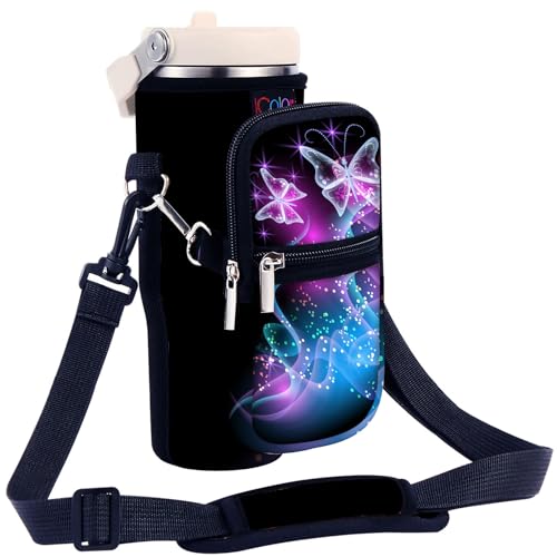 icolor Water Bottle Carrier Bag for Stanley IceFlow Flip Straw Tumbler 30oz Stanley IceFlow Mug Carrying Holder Neoprene Sleeve Stanley Cup Accessories Pouch Crossbody Sling for Travel Fitness