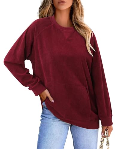 KISSMODA Women's Casual Long Sleeve Sweatshirt Color Block/Solid Crewneck Corduroy Pullover Cute Tops