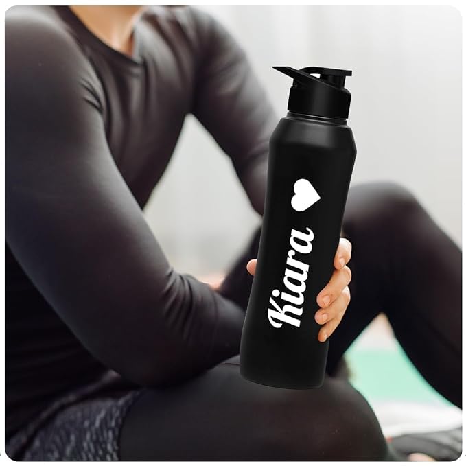 Image of CASPIAN / / / Trek Customised Stainless Steel Water Bottle 750 ML, Religious Symbol Print with Name - Spiritual Personalised Bottle for Temple, Office, Yoga & Corporate Gifting (Black)