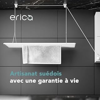 Erica - Etendoir a Linge Plafond 140x50cm, 11,2m de Surface de Séchage, Mini Seche Linge à Pliage Vertical 2,5m, Métal avec Revêtement Plastique sans PVC, Séchoir Suspendu Blanc
