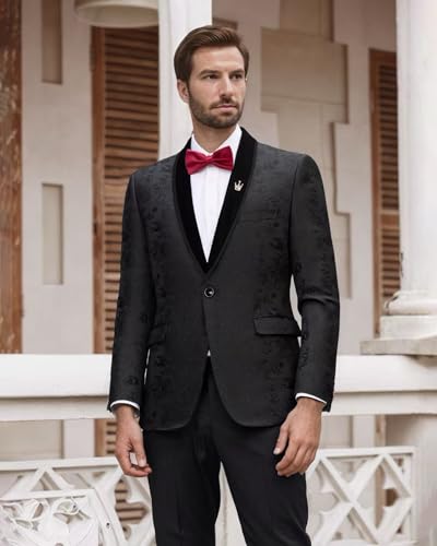 YND Men's Velvet Floral Blazer, One Button Tuxedo Jacket, Shawl Lapel Suit Coat for Dinner Prom Party Wedding3