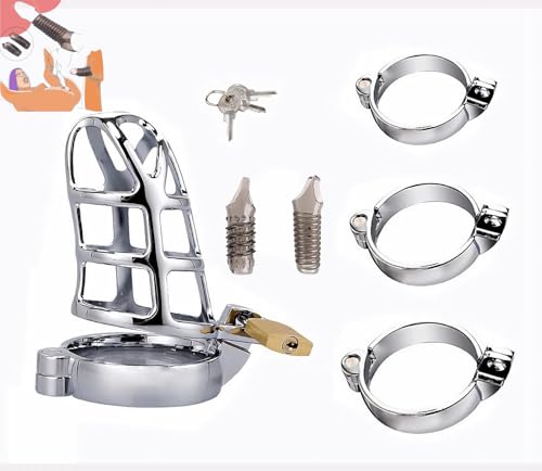 Silver Metal Chastity Cage - Vented Cock Cage with Lock & 3 Sizing Rings for Men (BDSM Bondage Device) Sweater X6