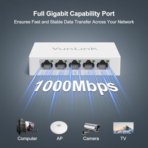 Image of 5 Port Gigabit Ethernet Switch - VunLink Unmanaged Network Switch Hub, Desktop Ethernet Splitter, Fanless & Energy Efficient, High-Speed Connection for Home, Office, NAS, Gaming