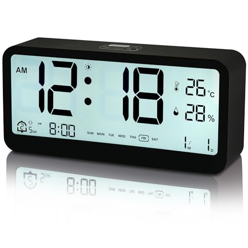 ZEROFAFA Digital Alarm Clock,Bedside Clock with Large LCD Backlit Display,Temperature, Humidity, Calendar, 4 Levels Brightness, Snooze Function,Dual Alarm,12H/24H Bedroom Clocks【Battery NOT Included】