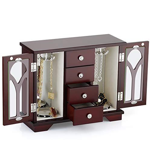 Jewelry Box - Made of Solid Wood with Cabinet Type 4 Drawers Organizer and 2 Doors on Sides Large Mirror - Dark Brown
