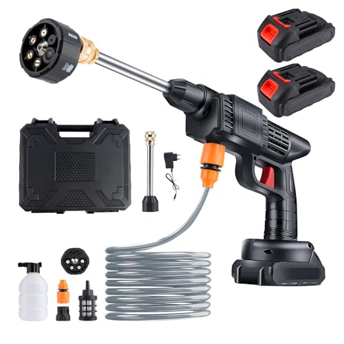 12V Cordless Pressure Washer, 600PSI High-Pressure Cleaner with Batteries, 6-in-1 Nozzle, 5M Hose, Foam Cannon, Portable Power Washer for Car, Patio, Garden, Bike Cleaning