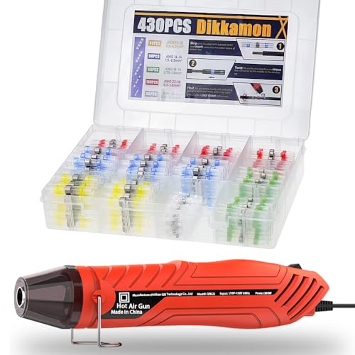430PCS Solder Seal Wire Connectors with 300W Heat Gun, Waterproof Solder Stick Heat Shrink Butt Wire Connectors Electrical Connector Kit for Marine (26-10 Gauge) (430PCS Solder Sticks and Heat Gun)