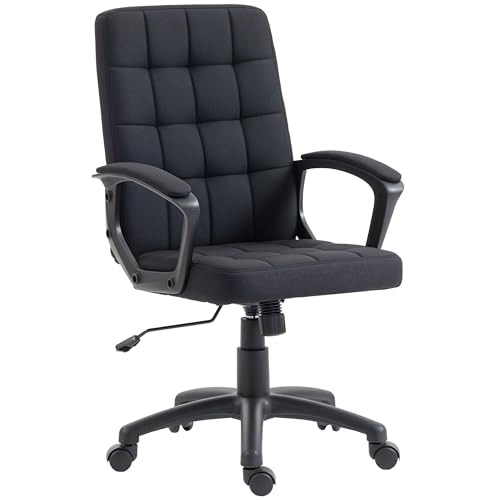 Vinsetto Silla de Oficina, Silla de Escritorio Giratoria, Tapizada en Lino Sintético, Altura Ajustable, Basculante, Respaldo Medio, con Reposabrazos, Ruedas, Negro