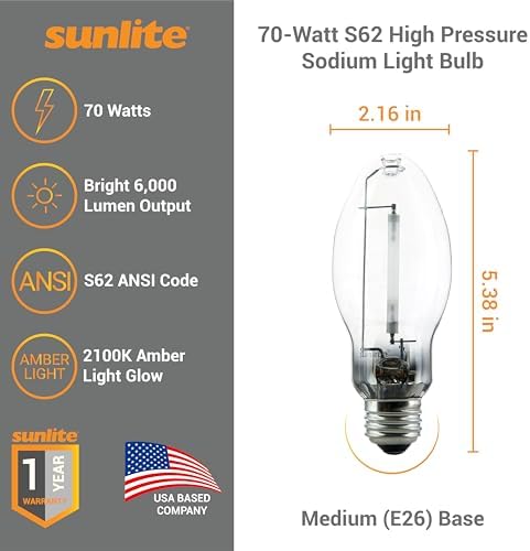 Sunlite 03610 LU70/MED High Pressure Sodium Light Bulb, 70 Watts, ED17/MED, Medium Base (E26), ANSI Code S62, 6000 Lumen, 24000 Life Hours, Clear, 2100K image 4