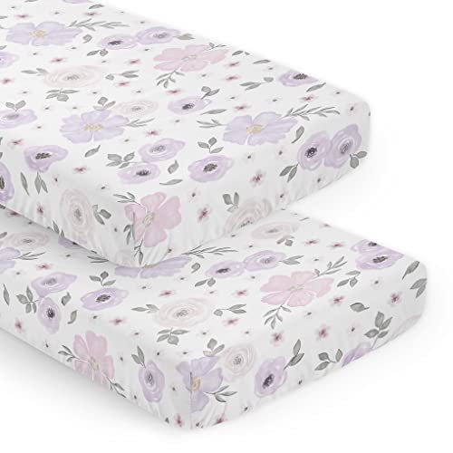 Image of Sweet Jojo Designs 2-Piece Baby Crib Sheets Set (Purple/Grey Boho Floral) for Girls, Infant Nursery, Toddler Room - Standard Size (Lavender, Bohemian Flower, Rose, Farmhouse, Garden, Shabby Chic Pink)