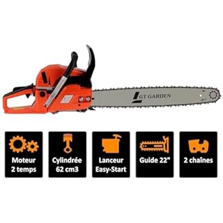 GT Garden Tronçonneuse Thermique 62 cm3, 3.5 CV, Guide 55 cm, 2 chaînes