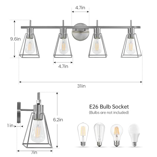 Image of Industrial Bathroom Vanity Lights: 4-Light Silver Brushed Nickel Vintage Metal Cage Wall Sconce - Rustic Farmhouse Light Fixture Over Mirrors Cabinet for Bath Hallway