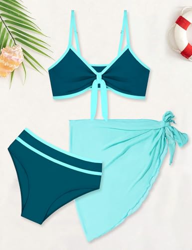 Girls Swimsuit Bikini Set and Cover Up Skirt 3PCS Bathing Suit Removable Knot Dual-Use Girls Swimsuits Size 7-162