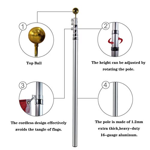 Ydisplay Flag Poles For Outside In Ground 20Ft Telescoping Flagpole Heavy Duty 16 Gauge Aluminum With 3X5 American Flag, Golden Top Ball And Clips For Yard Patio Garden- Can Fly 2 Flags #TOP2