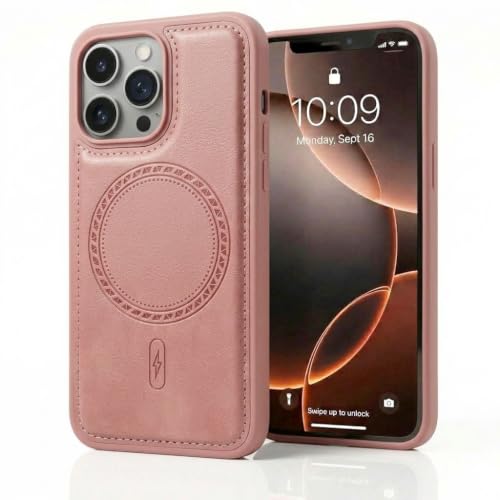 Image of amazon basics Premium PU Leather Case for iPhone 15 Pro, MagSafe Compatible Magnetic Ring, Sleek Protective Back Cover - [Pink]