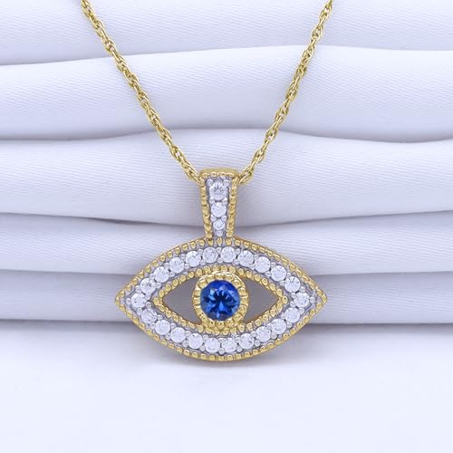 Evil Eye Pendant Necklace For Women Round Cut Simulated Birthstone & White Cubic Zirconia In 14K Gold Plated Sterling Silver Jewelry Along With 18" Rope Chain4