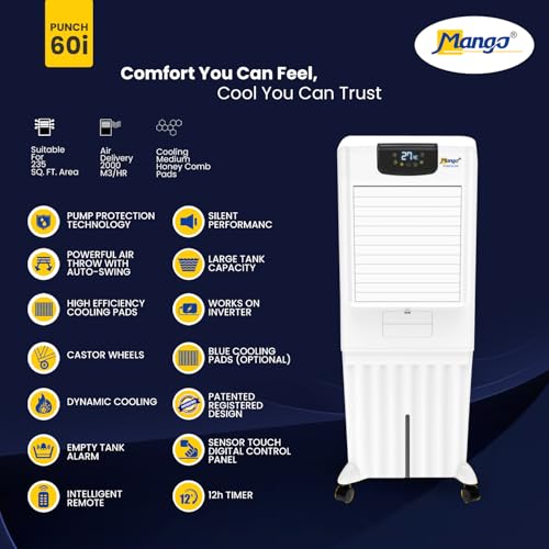 Image of Mango Punch Room Air Cooler Punch 60i |2000 m /hr Air Delivery | Honeycomb Pads | Auto Swing | Castor Wheels | For Rooms up to 235 Sq Ft (60L)