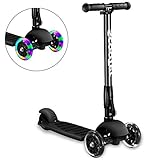 Greentest Scooter Foldable Adjustable Height Easy Turning 3 Wheel Kick Scooter for Kids Boys Girls with Flashing PU Wheels (Black) (Kids)