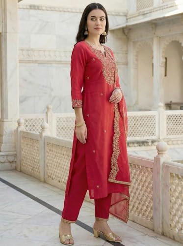 Image of INDO ERA Women's Embroidered Viscose Rayon Straight Kurta Pant with Dupatta Set