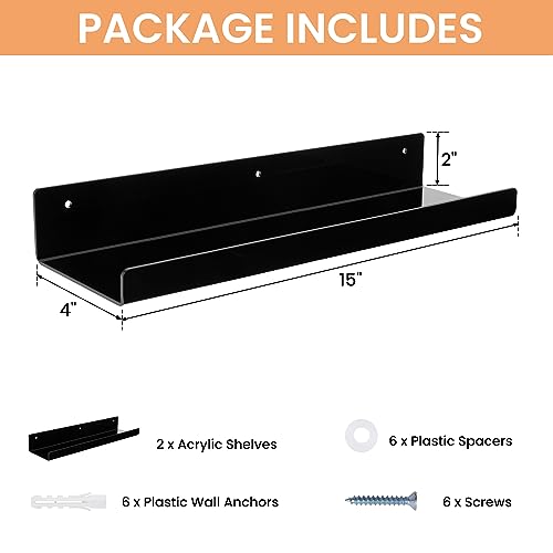 Image of upsimples 2 Pcs 15 inch Acrylic Shelves for Wall Organize and Display, Black | Cute Floating Shelf for Perfume, Skincare, Nail Polish, Wall Organizer for Bedroom, Living Room, Playroom, Room Decor