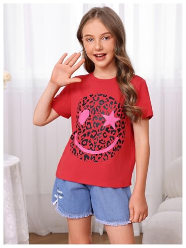 Image of WDIRARA Girl's Leopard Graphic T Shirt Crew Neck Short Sleeve Tee Shirts Cute Tops