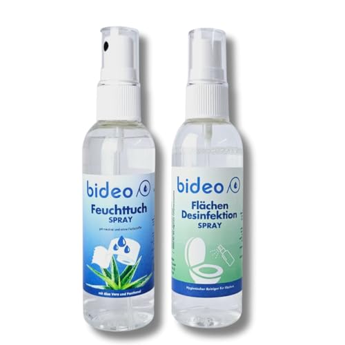 bideo® Reise Hygiene Set bestehend aus 1x 50ml Feuchttuchspray mit Aloe Vera und Panthenol sowie 1x 50ml Desinfektionsspray alkoholfrei - gepflegte Sauberkeit auch unterwegs, Reise Zubehör (1)