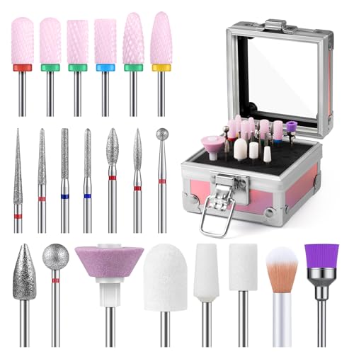 MelodySusie 21pcs Nail Drill Bit Set with Portable Holder Case, 3/32'' Pink Ceramic, Diamond Carbide Acrylic Gel Nail Art Tool Kit, Cuticle Remover Bit for Acrylic Dip Powder, Salon Home