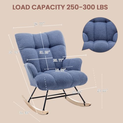 Image of SAETSFEG Rocking Chair Nursery Teddy Upholstered Glider Rocker Rocking Accent Chair Padded Seat with High Backrest Armchair Comfy Side Chair for Living Room Bedroom Offices (Darkblue Teddy)