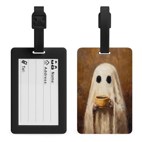 Etiqueta vintage con diseño de fantasma, taza de café, bolsa de viaje, maleta, equipaje