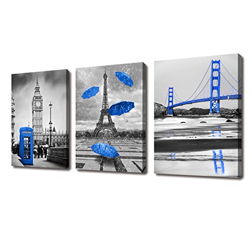 Blue Theme Paris Decor For Bedroom Eiffel Tower Decor Room Decor Canvas Wall Art Black And White Wall Art Blue Bathroom Decorations Canvas Painting Stretched And Framed Artwork Size:12X16Inchx3Pcs #TOP13