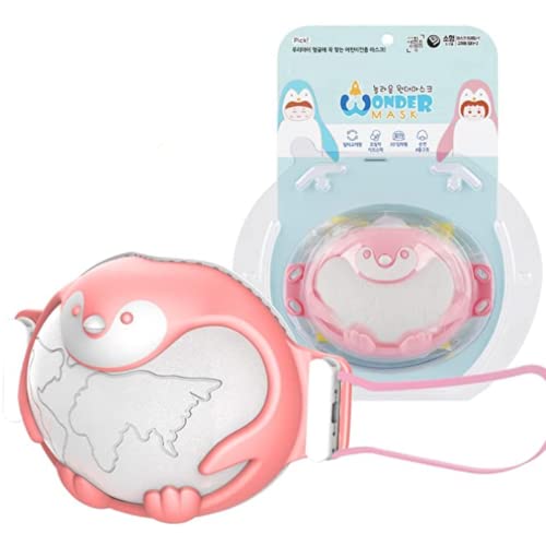 Wondermask New Kids Mask, Replaceable 4-Layer Filter, Frame Fits Well On Kid Face, 3D Mask, Mask For Sensitive Child Skin, Adjustable Strap, Daily Use, Safety Breathable Mask Cover For Boys And Girl, 3-7 Yrs, Including Mask Filter 12Ea, Made In Korea (Pink Penguin) #TOP25