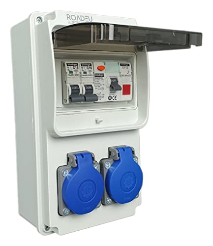 RoadEu Stromverteiler 230V, 2x Schuko Steckdose, Leuchtmelder Signalleuchte LED Rot, Steckdosenverteiler mit Fi Schutzschalter 25A typ A/AC, 2x LS C16A. Baustromverteiler IP44.
