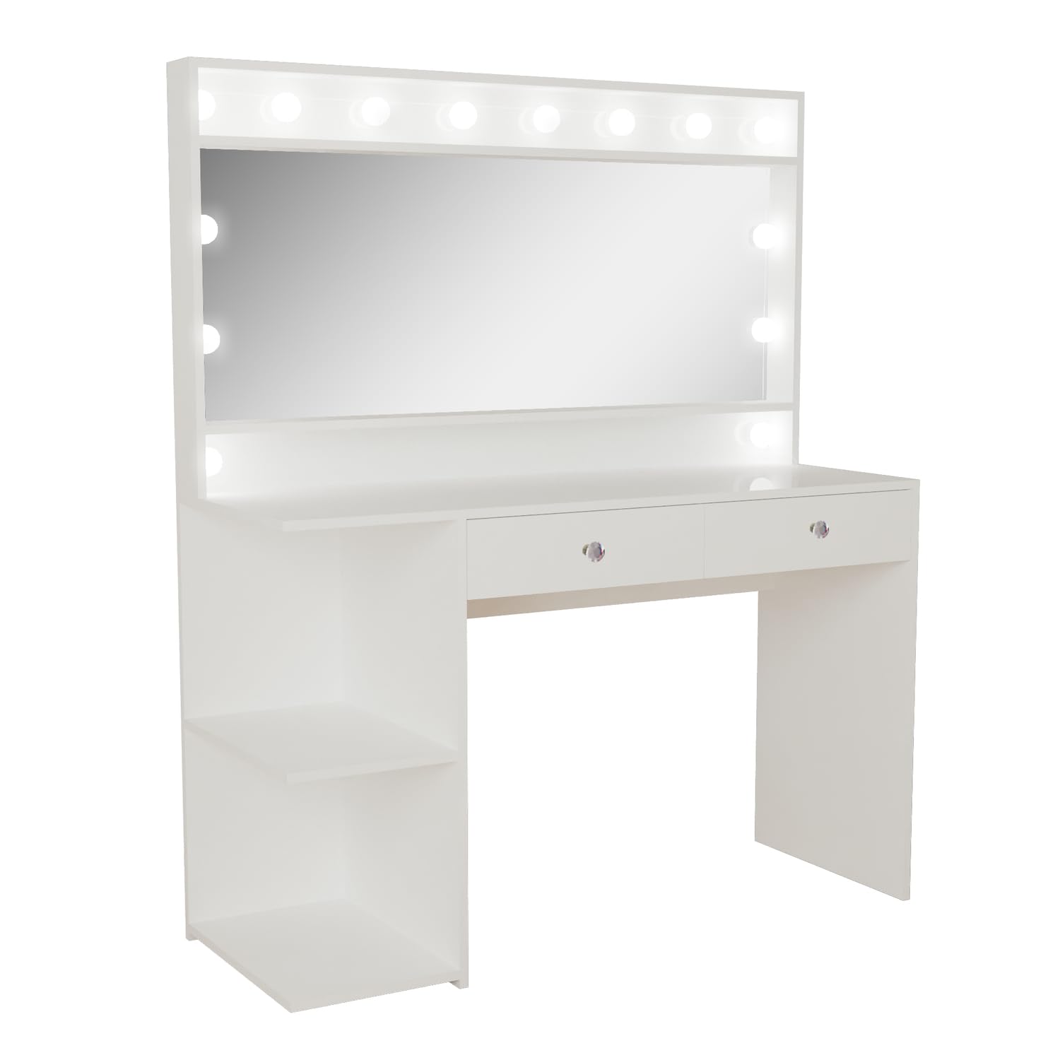 Boahaus Aine Modern Makeup Vanity Desk, White Painted, with Wide Makeup Mirror, Add-On Lights, 2 Drawers and 2 Shelves. Big Vanity Makeup Desk for Bedroom