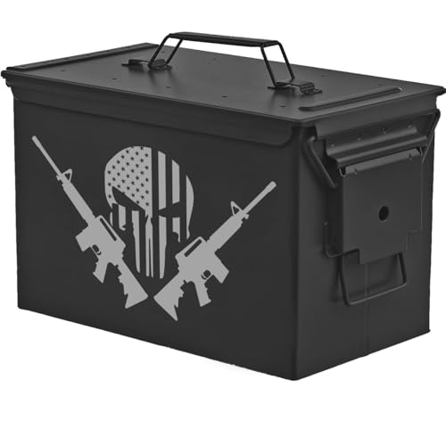 MIP Steel Ammo Can Storage Box Ammunition Case American Flag Skull With Guns (50cal, Black)