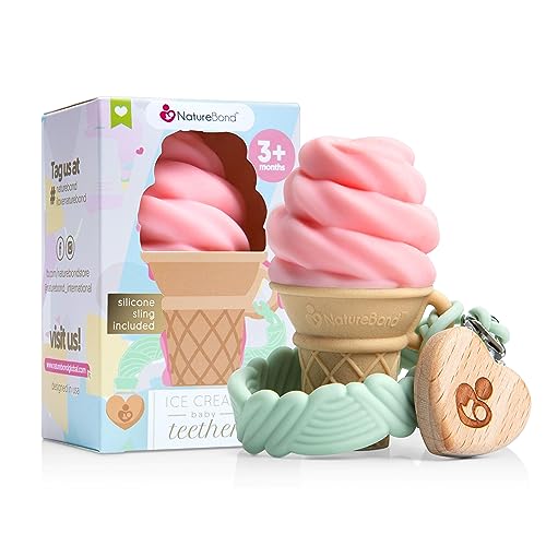 Image of NatureBond Teething Toys Baby Gift - BPA Free Ice Cream Baby Teethers for Babies 0-12 Months, Baby Shower Gifts, Baby Girl Gift, Gift Box with Silicone Pacifier Sling