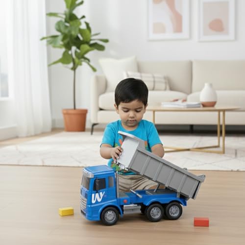 Image of Heavy Duty Dumper Truck Toy for Kids - Friction Powered Big Construction Tipper Truck with Moving Dump Bed, Durable Non-Toxic Plastic Vehicle