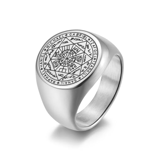 Bague acier titane homme avec étoile à sept branches et runes mystérieuses