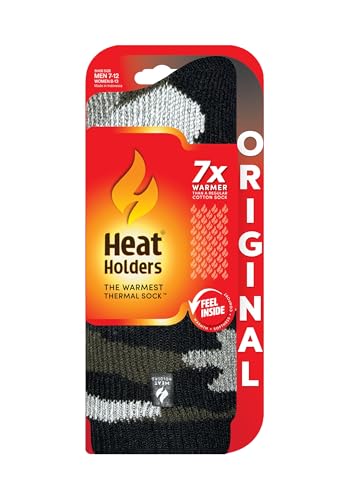 HEAT HOLDERS Men's Magnus ORIGINAL™ Camo Jacquard Crew Sock - Great for cold winter weather - 7x Warmer Than Cotton - Warm and Soft, for Hiking, Cabin, Hunting, Outdoor, Cozy at Home | Black / 7-122