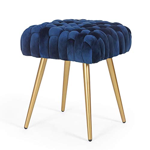 Velvet Ottoman Footrest StoolTufted Fabric Upholstery Side Table Seat Vanity Dressing BenchKnit Lines Chair with Metal Legs for Living Room Bedroom Blue