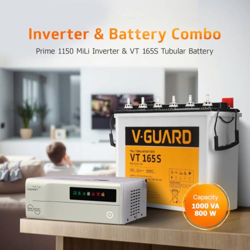 Image of V-Guard Inverter & Battery Combo (Prime 1150 Mili Pure Sine Wave 1000VA /12V Inverter, VT 165S 154 Ah Tall Tubular Battery) for Home, Office & Shops