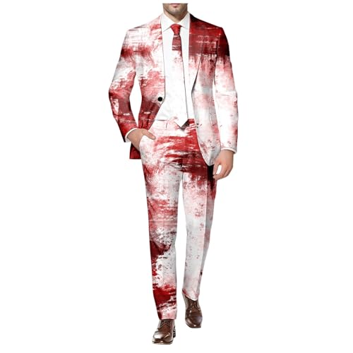 Celucke Halloween Anzug Herren Zweiteiliger Lustig Blutig Print Kostüm Set Lange Ärmel Mantel und Hose Herrenanzug Männer Slim Fit Stretch Sakko Knöpfen Taschen Anzughose Set für Party – Bild 6