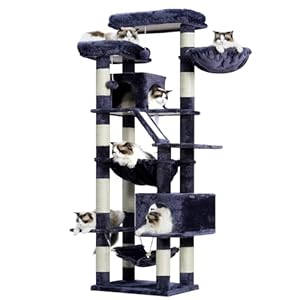 Heybly Cat Tree，71-Inch Tall Tower for Indoor Cats with 2 Perches, 2 Big Condos, 2 Hammocks, Basket, Scratching Pad，Large Cat Furniture and Condo, Smoky Gray HCT034G
