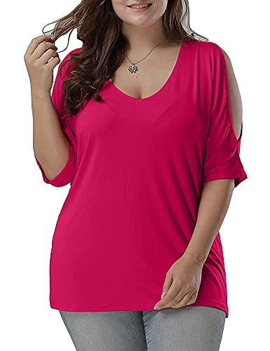 Allegrace Women Plus Size Tops V Neck Short Sleeve Batwing Top Cold Shoulder T Shirt Rose Red 4X #TOP4