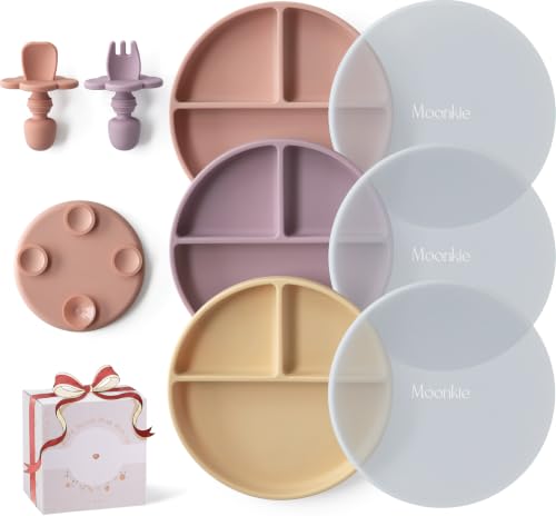 Moonkie 3pc Silikon Kinderteller mit Deckel, Baby teller mit Saugnapf, BPA-freie Rutschfest Geteilte Geschirr Set mit Gabeln und Löffel… – Ansicht 1