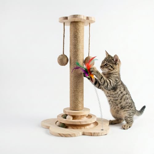 Yunova Wooden Cat Scratching Post for Kittens,4-in-1 Interactive Activity Centre with Track Balls, Feathers & Catnip - Natural Jute Rope Scratcher for Indoor Cats - Sturdy Non-Slip Base, 45cm