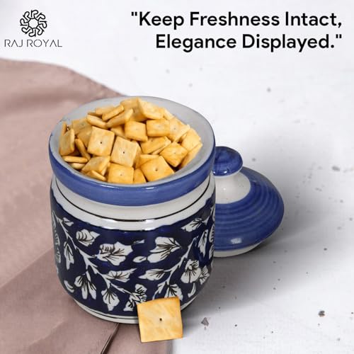 Image of Ceramic Corinchon Storage Jar Container with Lid - Pottery Dry Food Storage Canister Color - Blue, Cornichon Jar - Size: 11x11x12 cm, Capacity-500 Gram